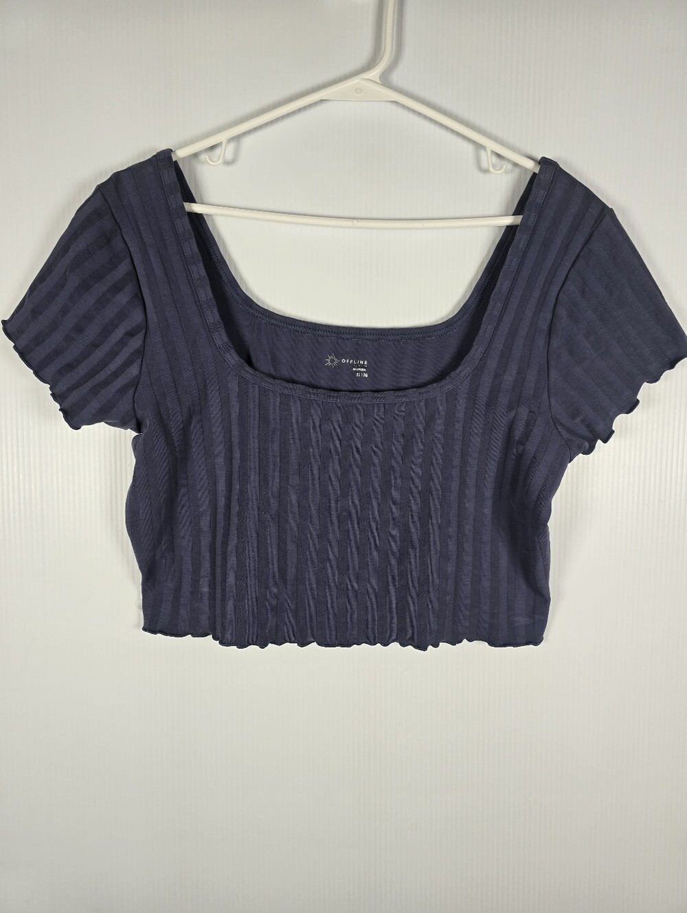 aerie Offline Navy/Grey  Ribbed Scoop Crop Top Ruffled Trim Size XL